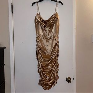 OH POLLY US SIZE 8 GOLD RUCHED MIDI LENGTH DRESS WITH CHAIN STRAPS